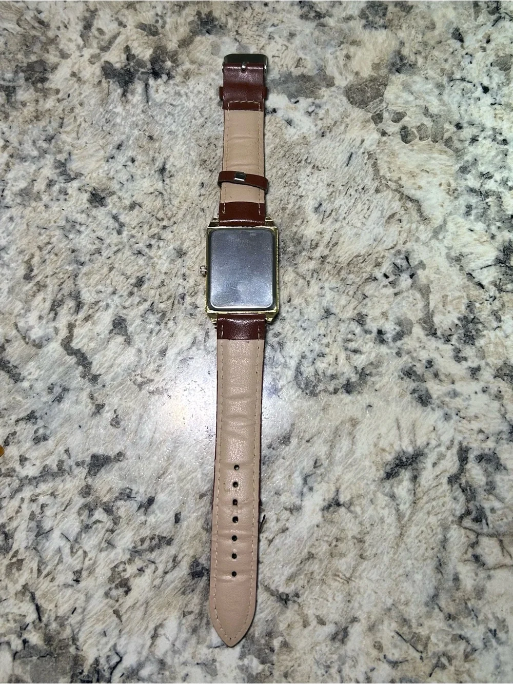 Geneva 37mm Gold Tone Tank Quartz Watch Brown Strap Read
